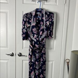 MENU Dark Blue and Light Pink Floral Long Sleeve Dress